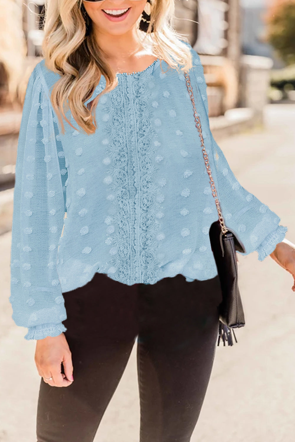 Sky Blue Polka Dot Lace Lantern Sleeve Blouse