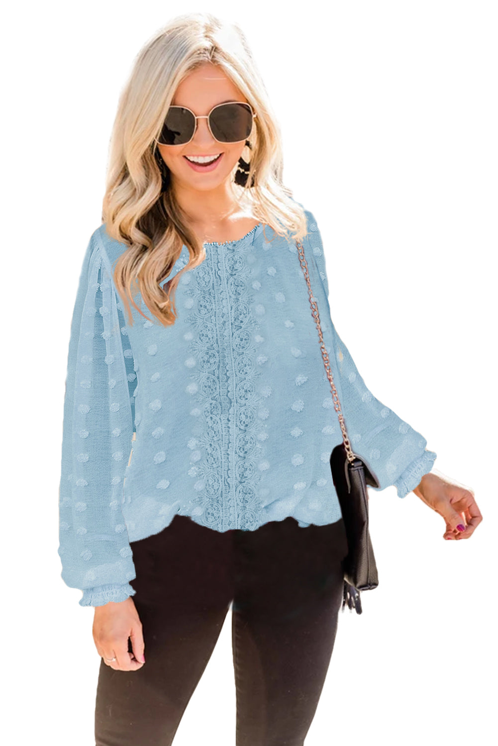 Sky Blue Polka Dot Lace Lantern Sleeve Blouse