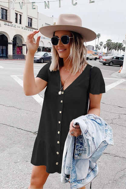 Black Pocketed Button Down Ruffle Dress