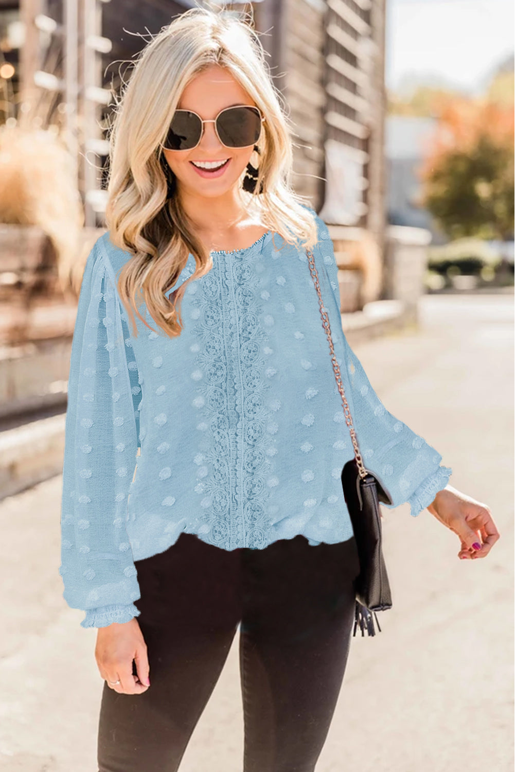 Sky Blue Polka Dot Lace Lantern Sleeve Blouse