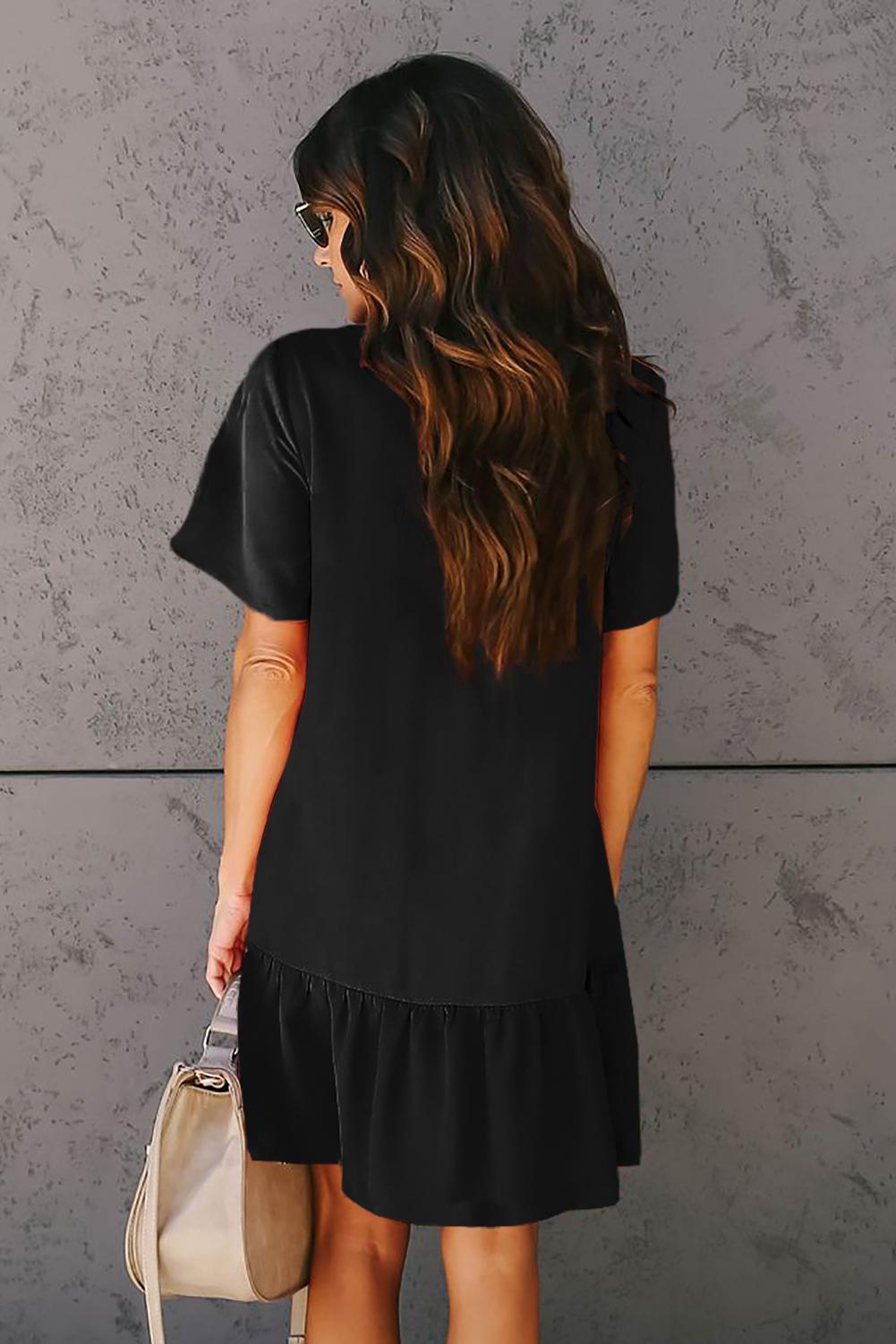 Black Pocketed Button Down Ruffle Dress