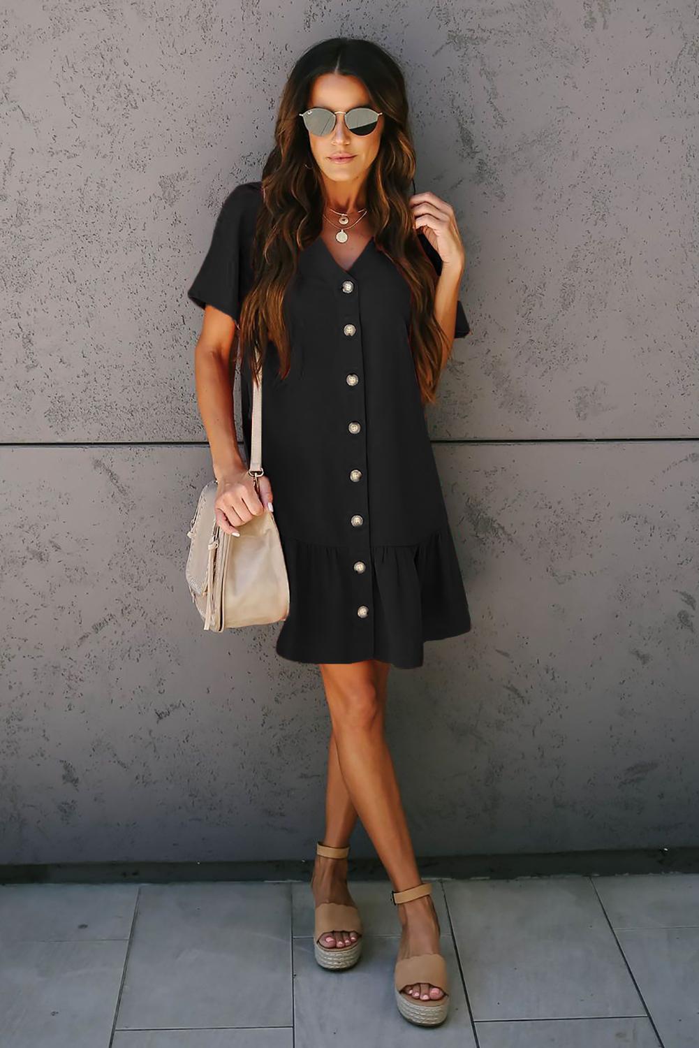 Black Pocketed Button Down Ruffle Dress