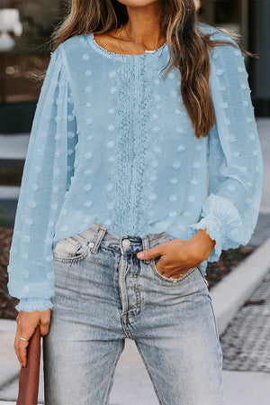 Sky Blue Polka Dot Lace Lantern Sleeve Blouse