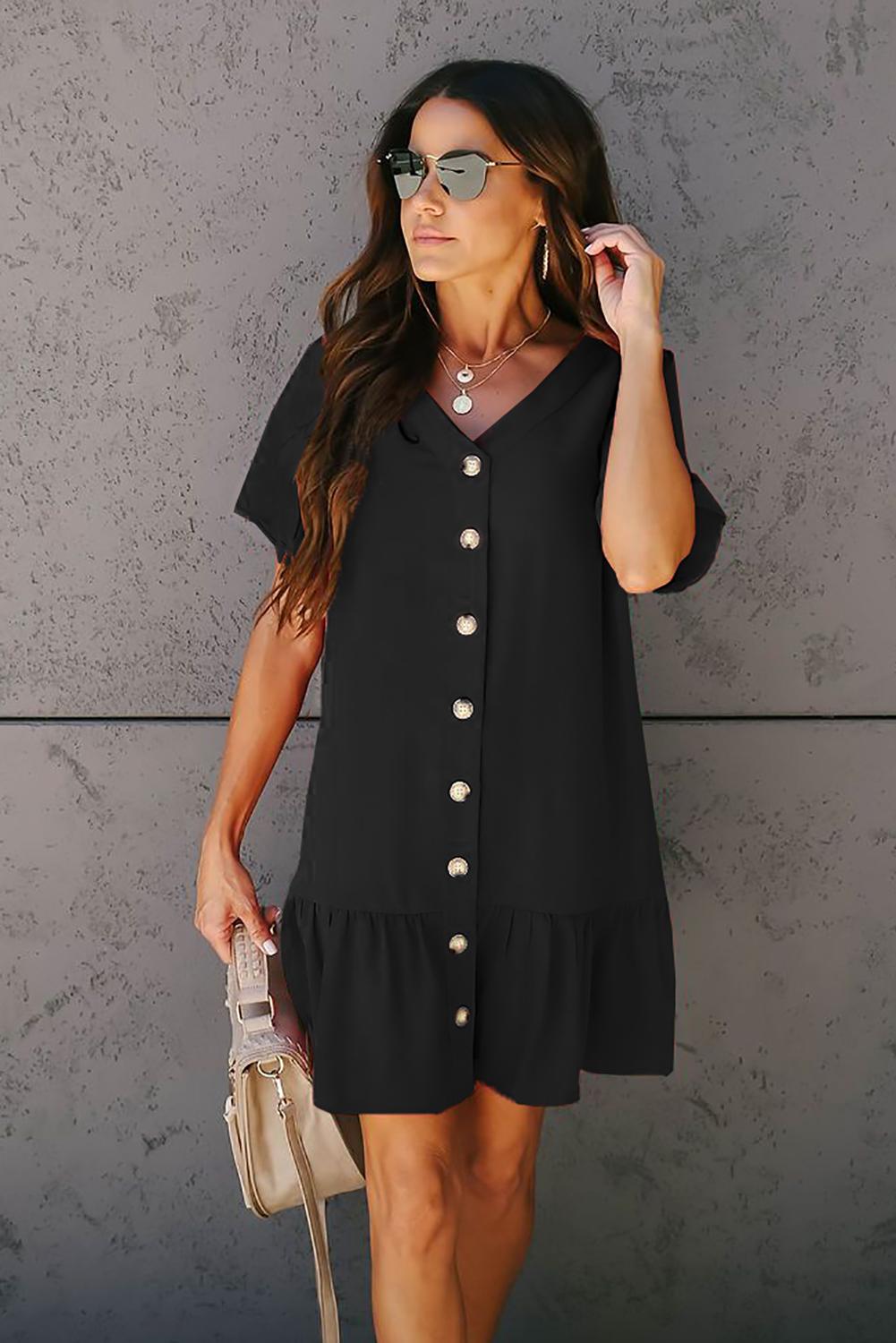 Black Pocketed Button Down Ruffle Dress