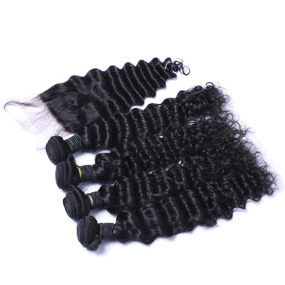 Brazilian Deep Wave Curly Hair 3 Bundles with Closure Free Middle 3 Pa