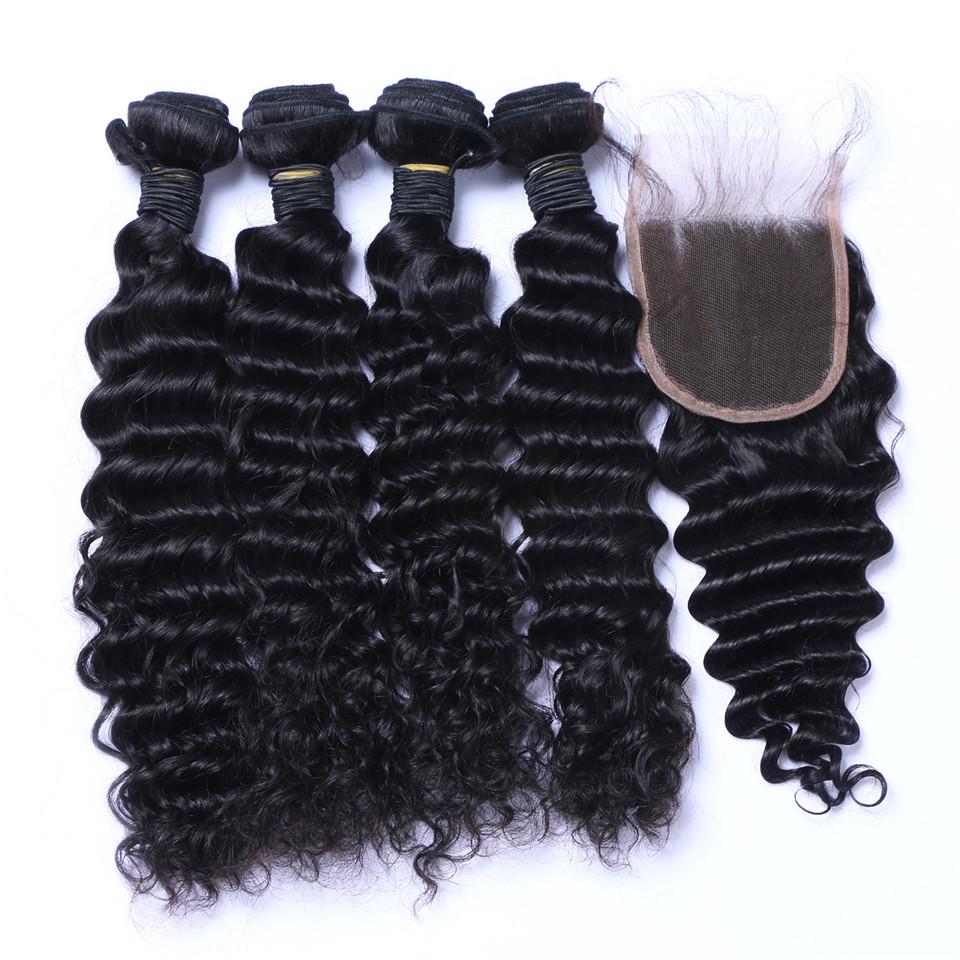 Brazilian Deep Wave Curly Hair 3 Bundles with Closure Free Middle 3 Pa